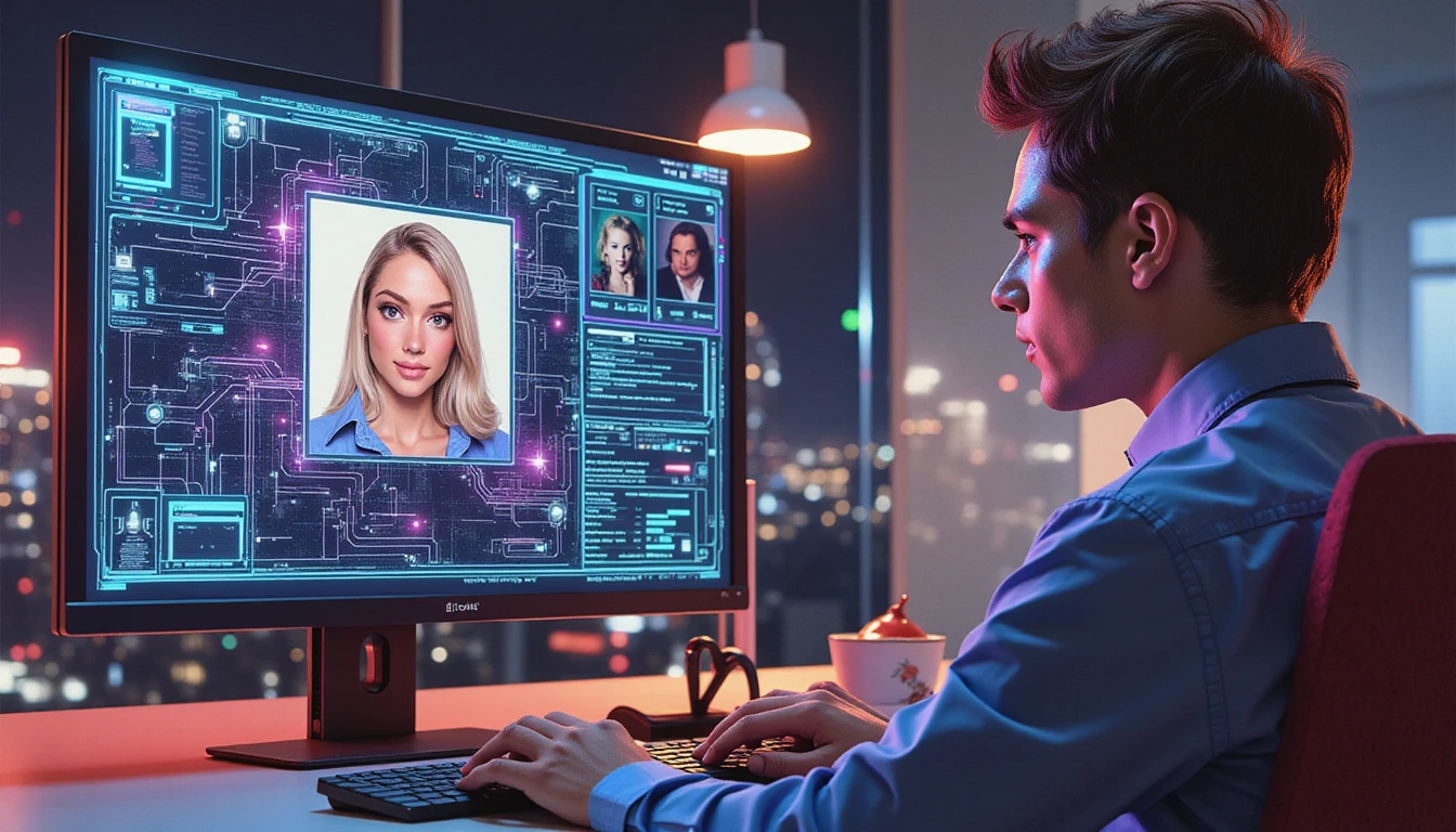 Claims investigator reviews AI-detected image fraud on monitor, with neon data streams and digital cityscape backdrop.