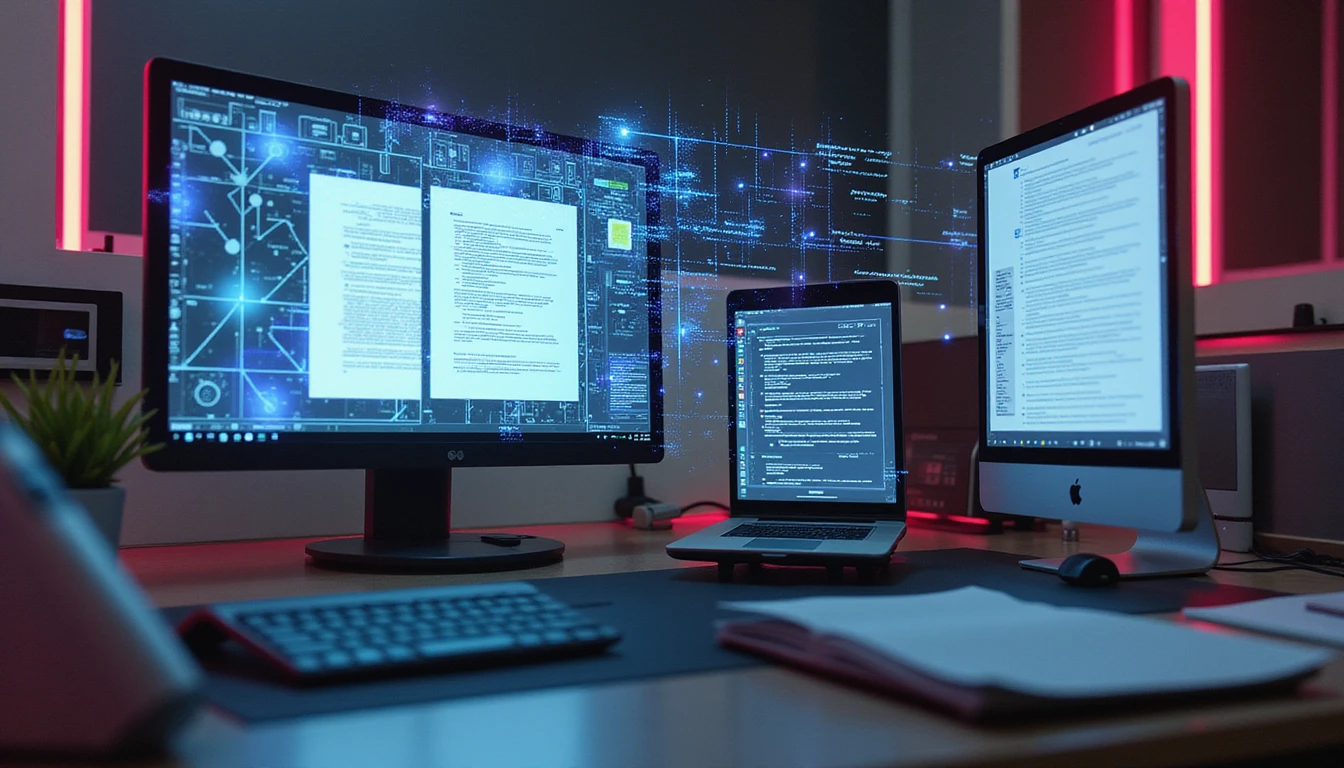 Futuristic insurance desk with holographic displays and AR overlays analyzing documents using AI-driven fraud detection.