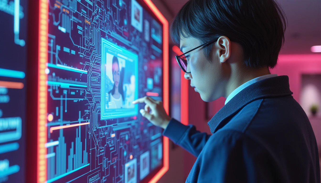 Futuristic insurance analyst reviews holographic data with AI fraud detection visuals in neon-lit high-tech office