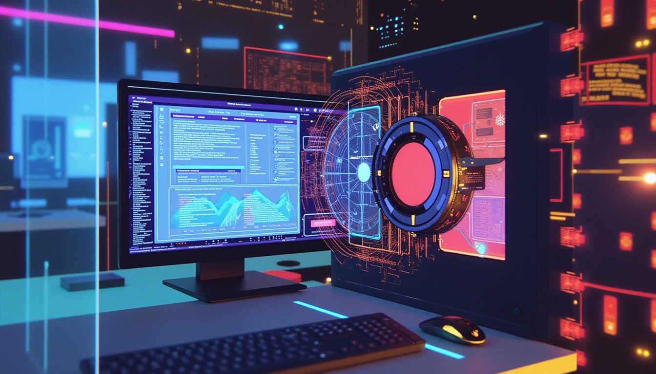 Neon-lit digital fraud scanner analyzing documents with AI-driven detection, highlighting counterfeit patterns in a high-tech, secure interface.