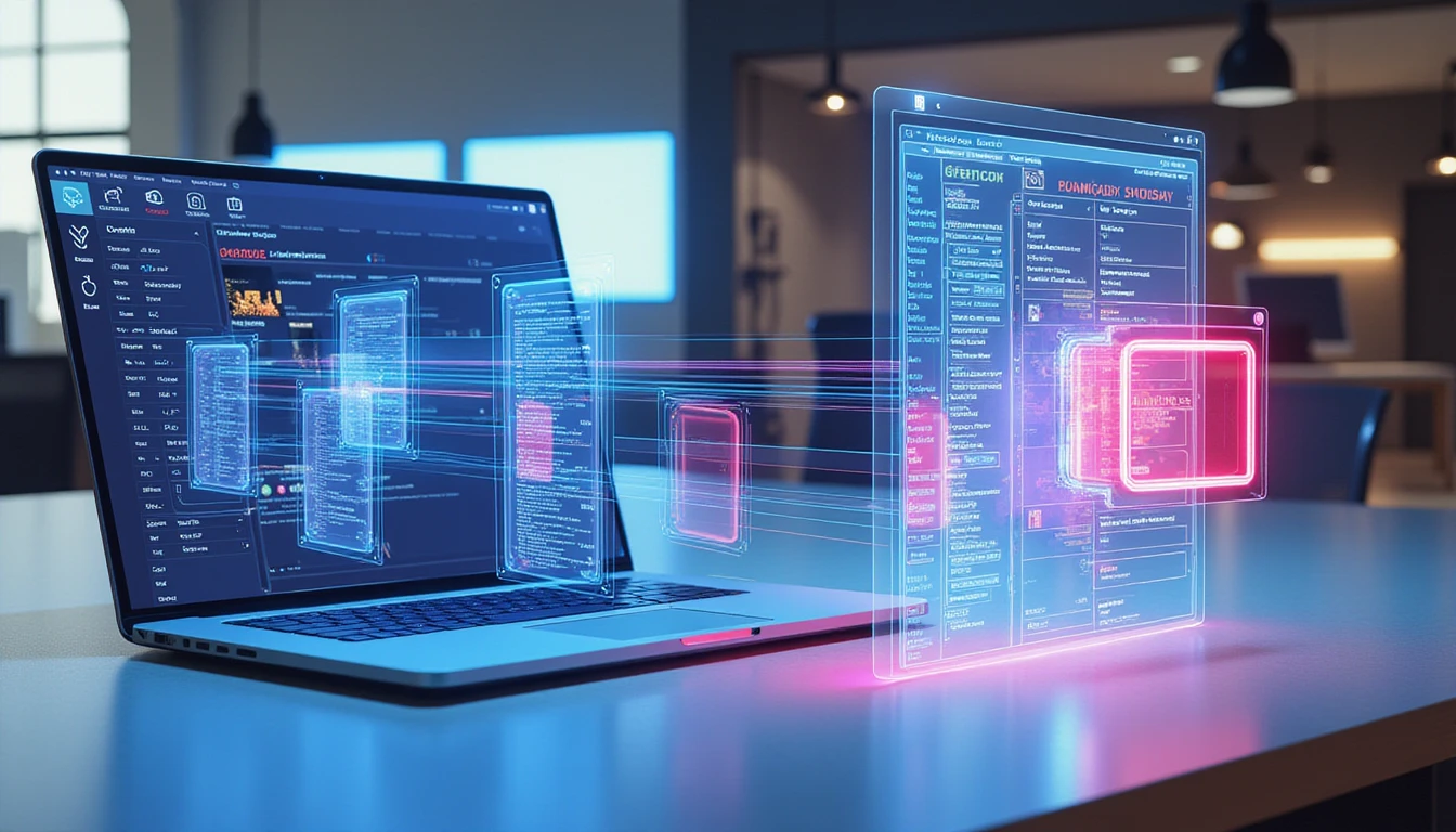 Futuristic office scene with holographic OCR tech analyzing receipts; VAARHAFT’s Fraud Scanner highlights suspicious data.
