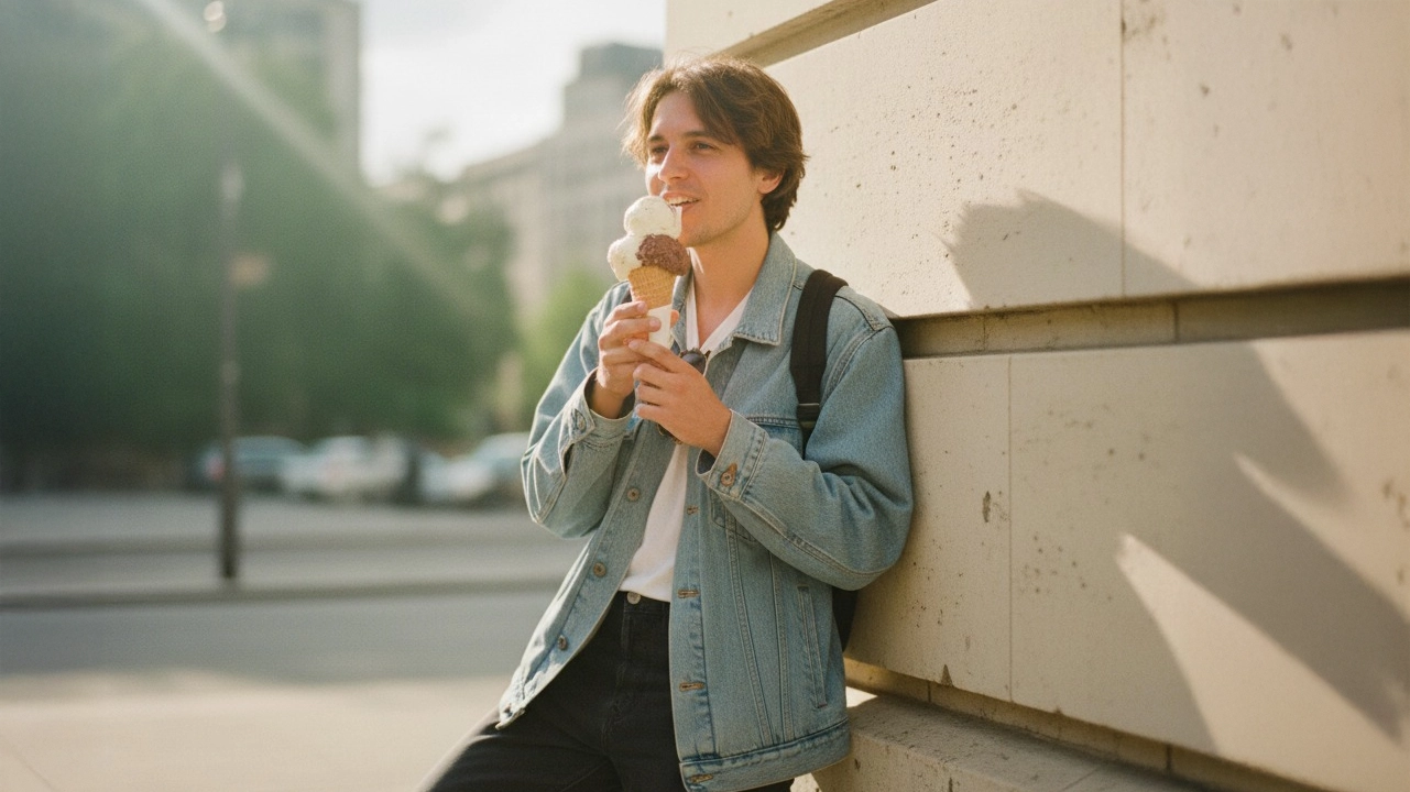 Ultrarealistische, aber KI-generierte Szene eines jungen Mannes, der Eis isst.