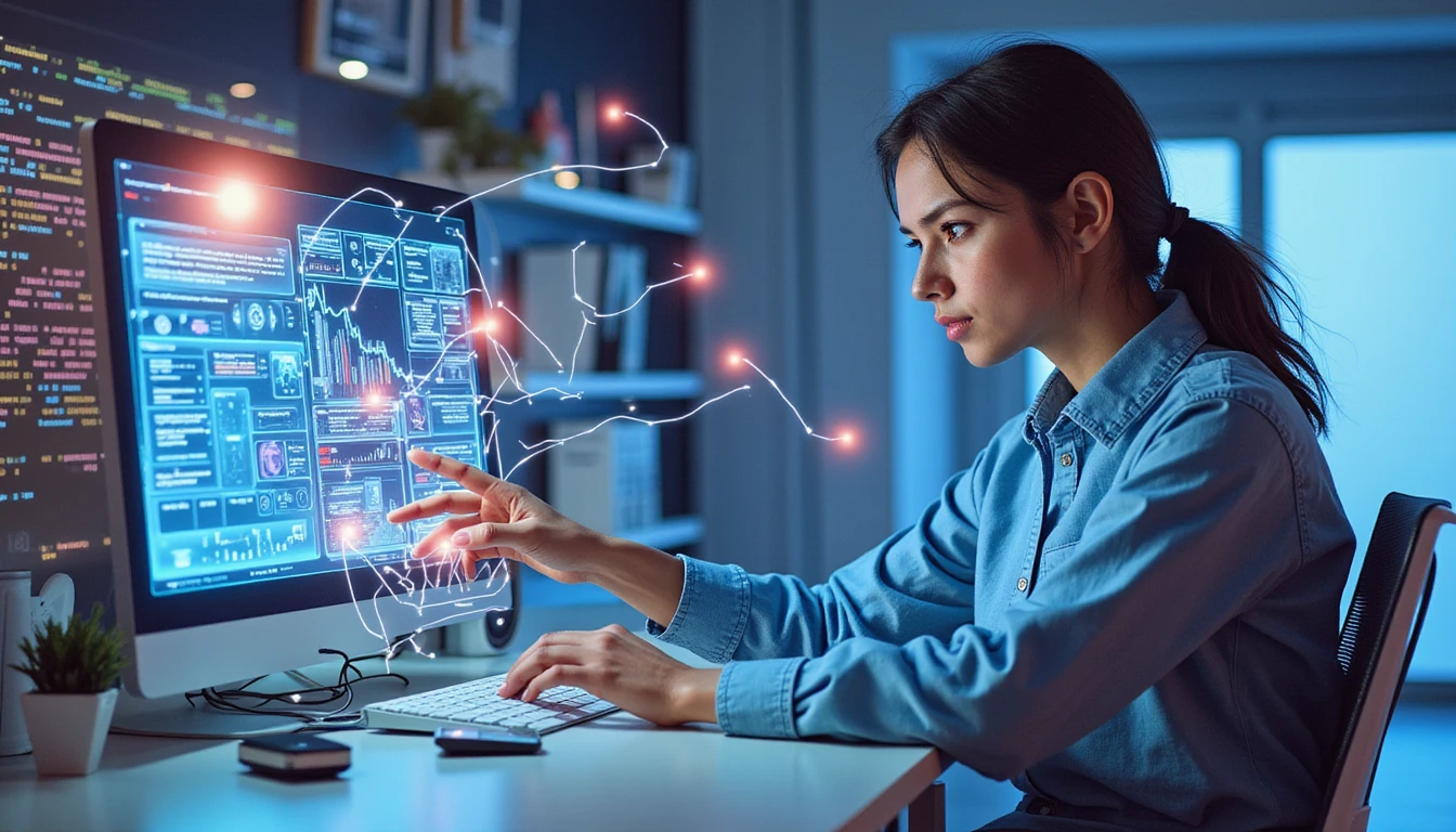 Insurance analyst reviews holographic claims data amid neon-lit AI fraud detection visuals and VAARHAFT’s algorithm display.