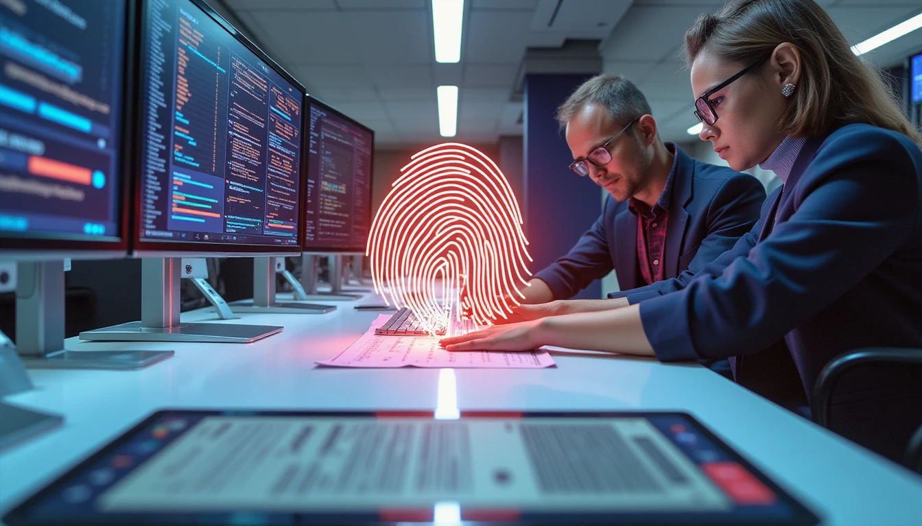 Fachleute in einem modernen Versicherungsbüro analysieren Dokumente, während KI Fälschungen über neonbeleuchtete Fingerabdruck- und Code-Overlay erkennt