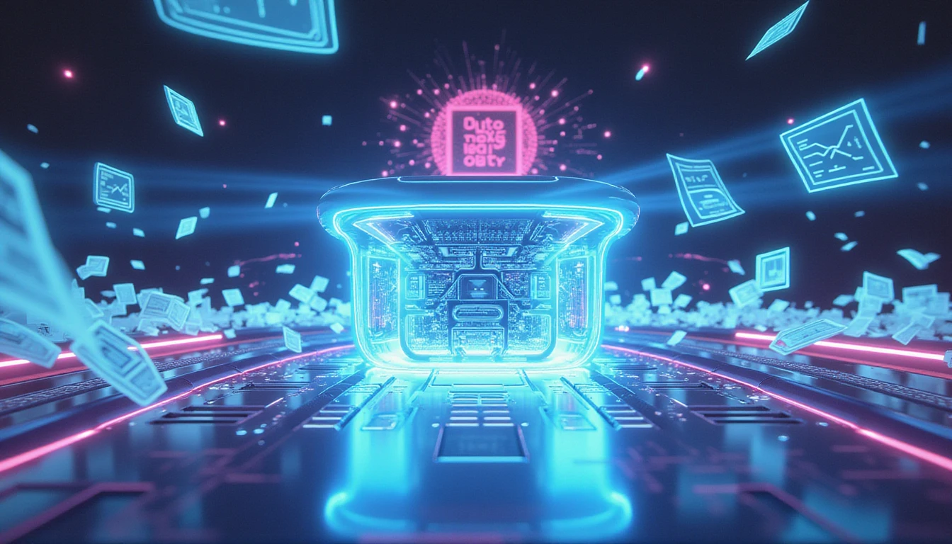 Futuristischer digitaler Arbeitsplatz mit AI Fraud Scanner, der schwebende Belege inmitten von neonbeleuchteten Datensicherheitsvisualisierungen analysiert.