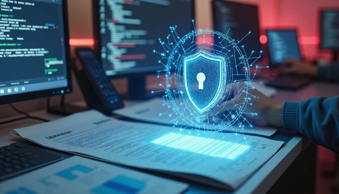 Professional analyzing digital expense data with holographic AI warnings and shield icon in a neon-lit futuristic office at night