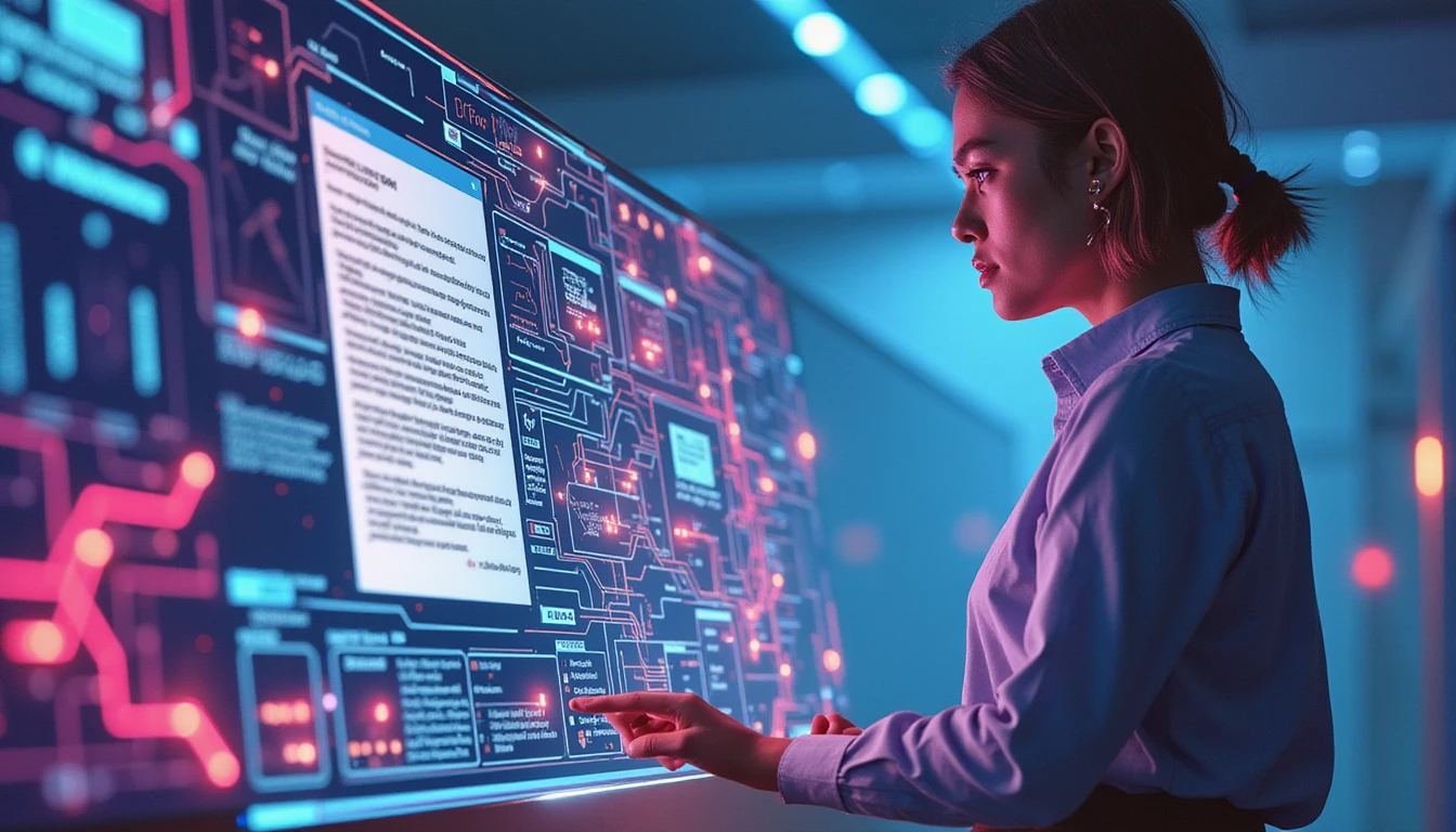 Confident insurance manager reviews policies on neon holographic interface, with AI fraud detection diagram glowing in background
