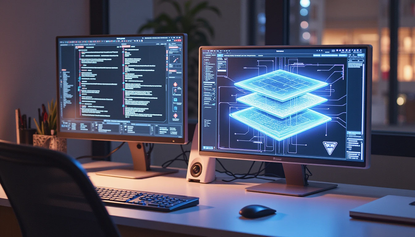 Modern office desk with AI fraud detection interface and glowing deepfake document diagram displaying manipulated data layers