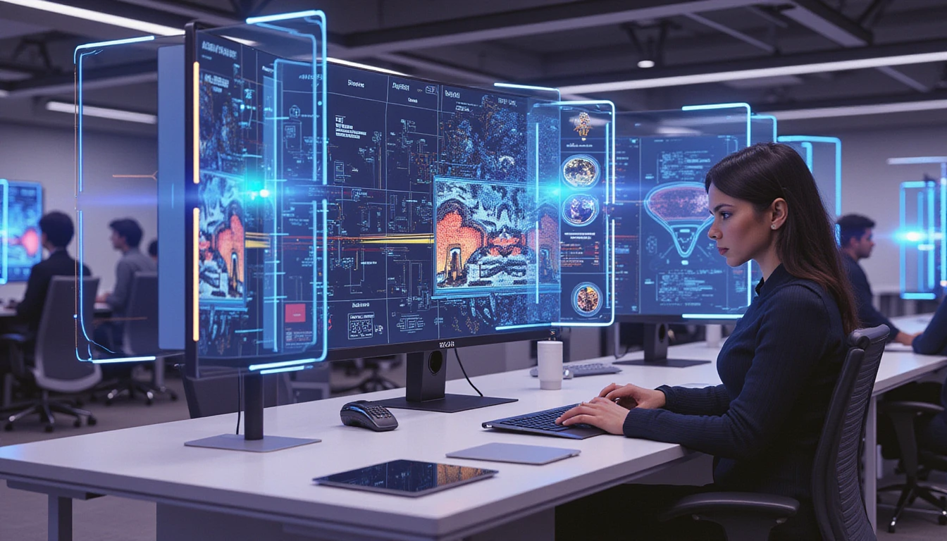 Professionals in a high-tech insurance office analyze digital claims on holographic screens with AI-powered fraud detection overlays