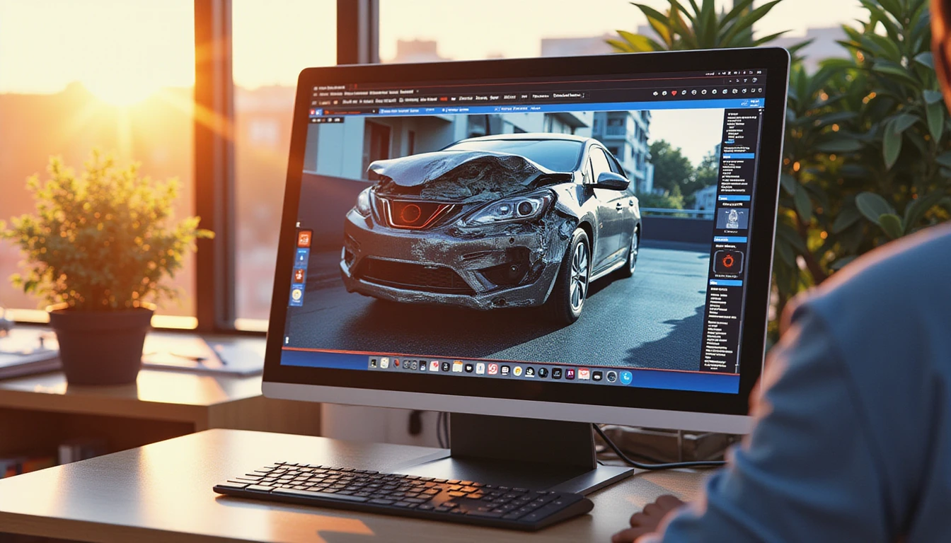 AI system analyzing a damaged car on a high-tech screen, highlighting inconsistencies for fraud detection in warm golden hour lighting.