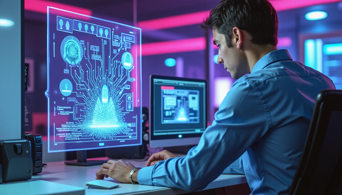 Futuristic insurance agent analyzes AI-enhanced document at digital workstation with floating fraud detection diagram, secure server behind