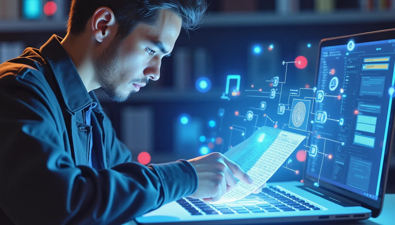 Techniker überprüft digitalen Versicherungsanspruch auf holografischer Schnittstelle mit AI-gesteuerten Betrugserkennungsvisualisierungen und neongelben Akzenten