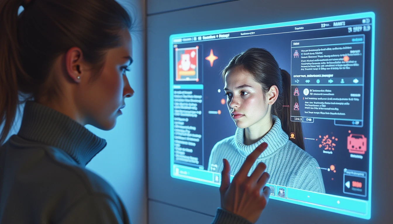 Person interagiert mit einem futuristischen Dating-Profil auf einer neonbeleuchteten Benutzeroberfläche, umgeben von holografischen Verifikationselementen