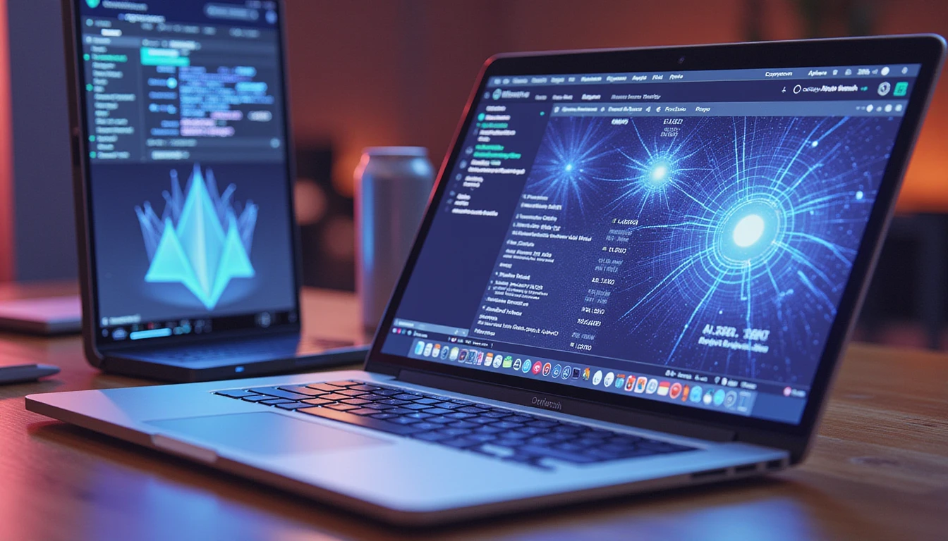 Laptop showing expense software with neon AI network overlay detecting receipt fraud; metadata and cyber glow in background