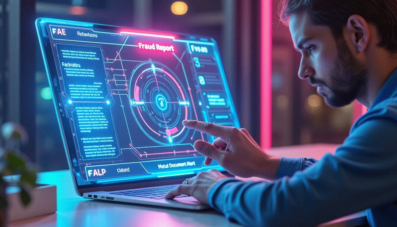 Versicherungsmanager analysiert digitalen Betrugsbericht auf holografischer Oberfläche mit neonbeleuchteten KI-Betrugserkennungsvisualisierungen und Datenknoten