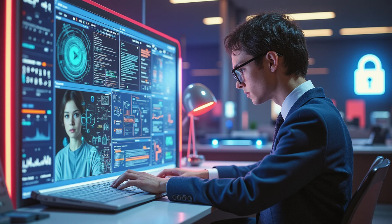 Futuristic insurance office at night with AI analyst reviewing holographic fraud detection dashboard and data security visuals