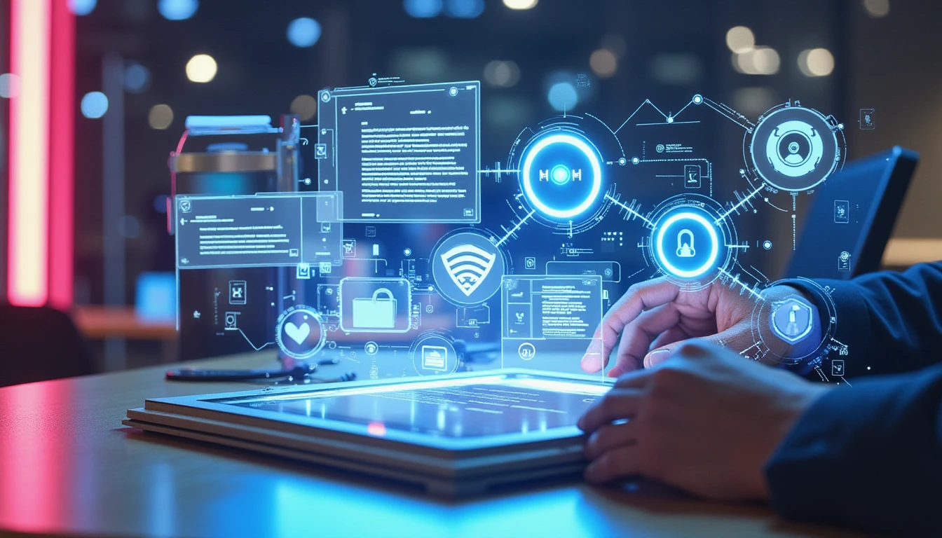 Futuristic office with insurance analyst reviewing holographic documents as neon AI scans for fraud with visual metadata overlays