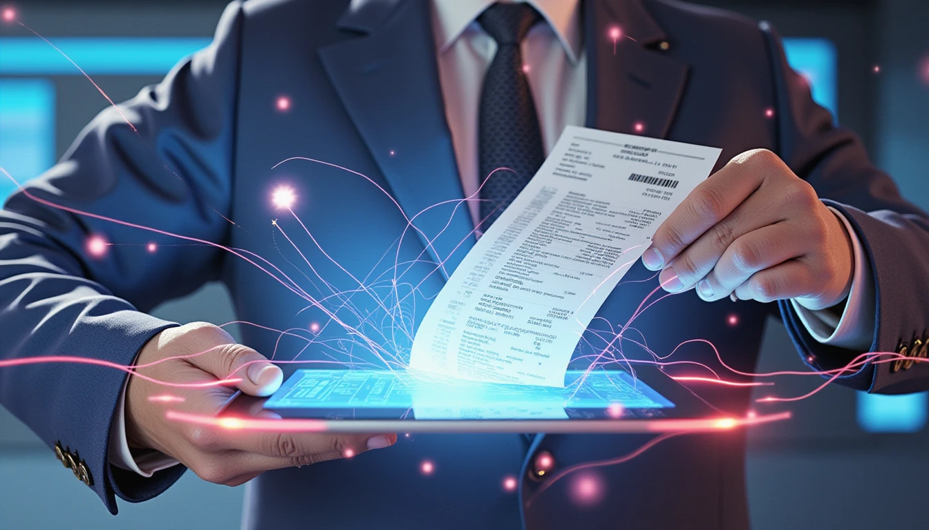 Person analyzing holographic receipts amid neon data flows and security icons in a futuristic fraud detection tech room