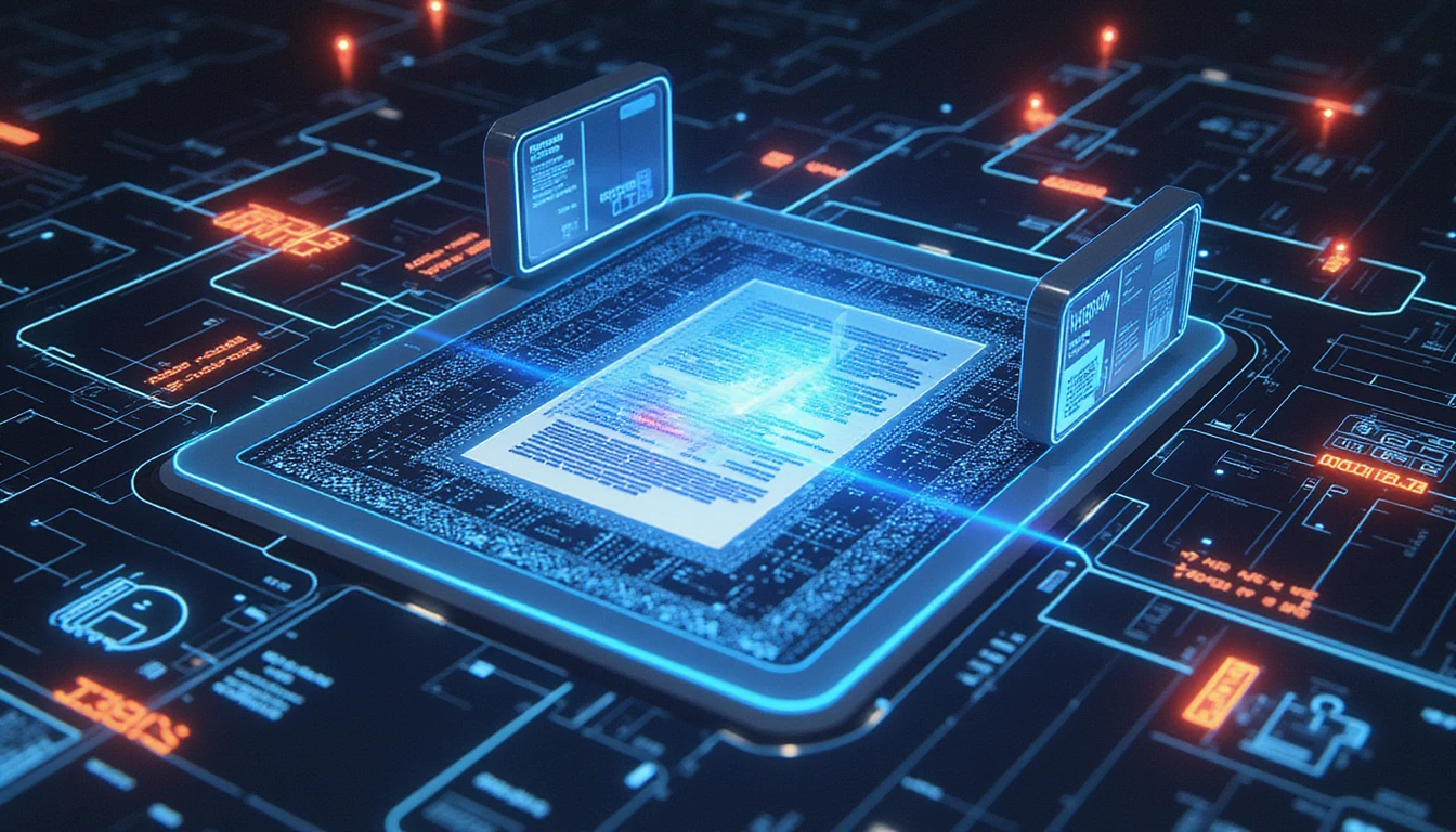 Futuristic AI scanner analyzes digital insurance documents amid neon data streams, detecting fraud with VAARHAFT technology