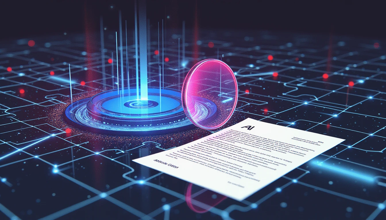 Futuristic fraud detection technology with AI scanning a document, revealing fraudulent markers amid a neon-lit network of data nodes.