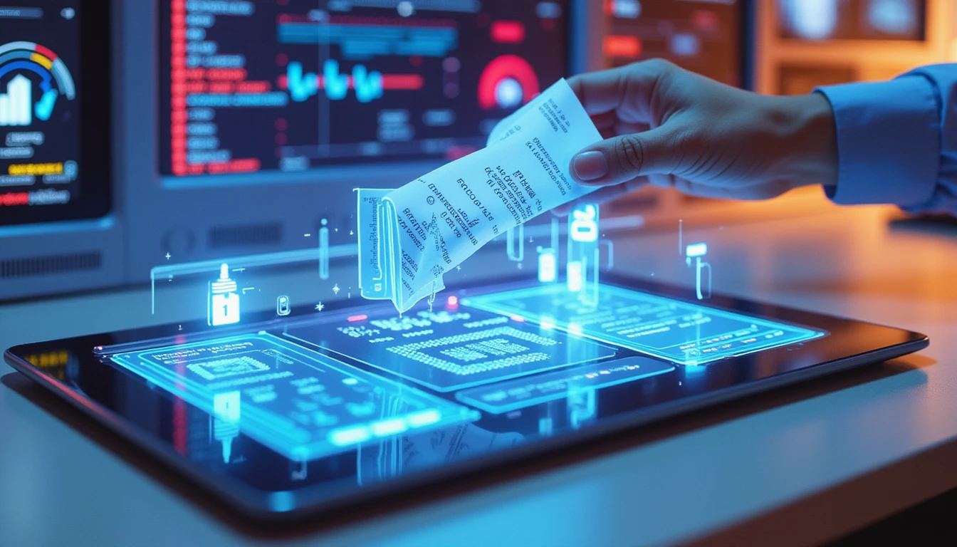Futuristic touchscreen expense dashboard with holographic receipts, data streams, and AI-driven fraud detection visuals