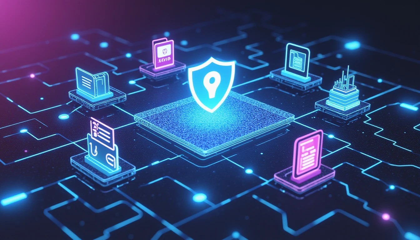 Futuristic digital composition of AI-driven fraud detection in insurance, featuring neural networks, holographic security icons, and data analysis.