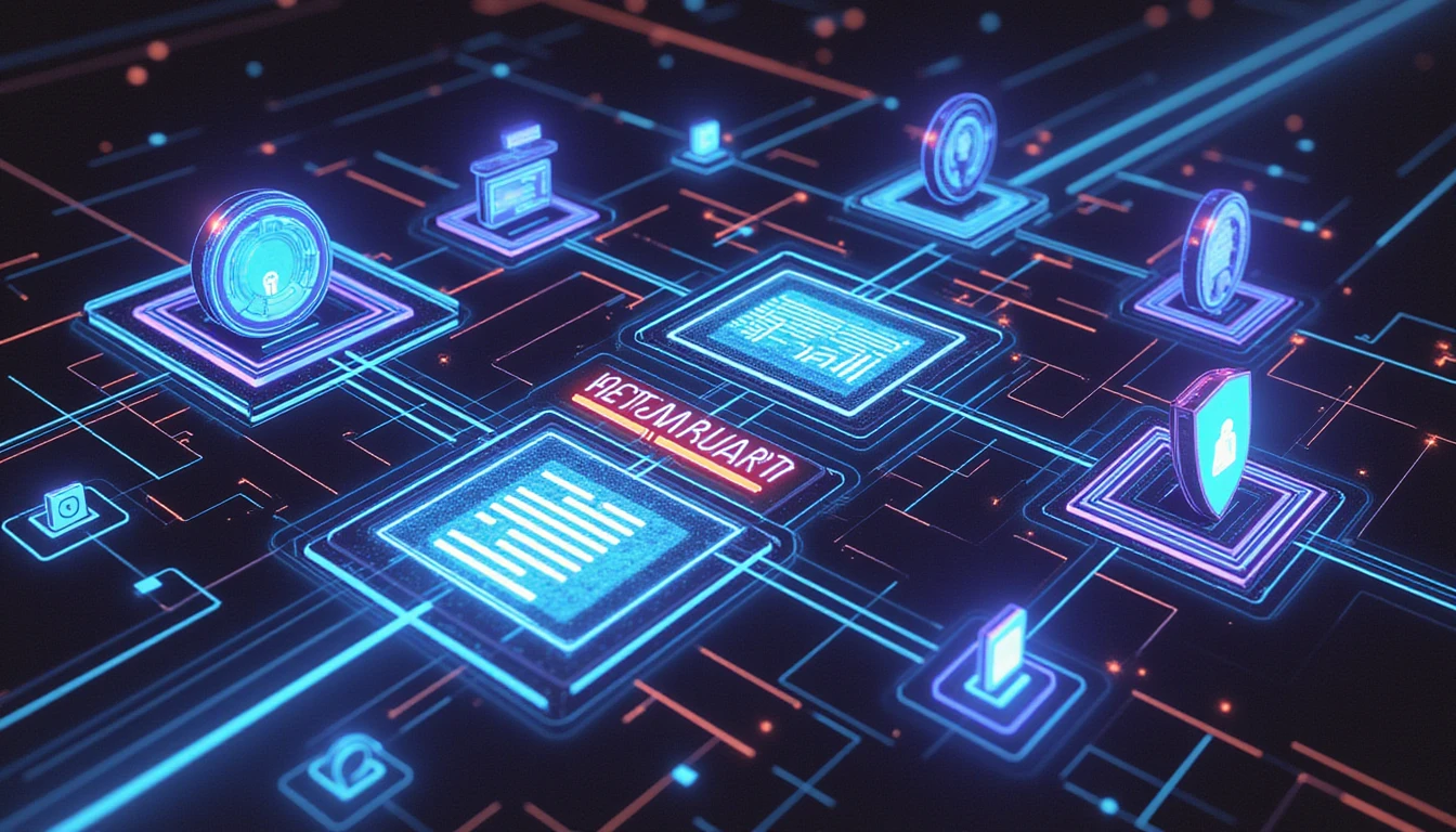 Futuristic digital artwork depicting AI-powered fraud detection, data security, and collaboration in insurtech innovation partnerships.