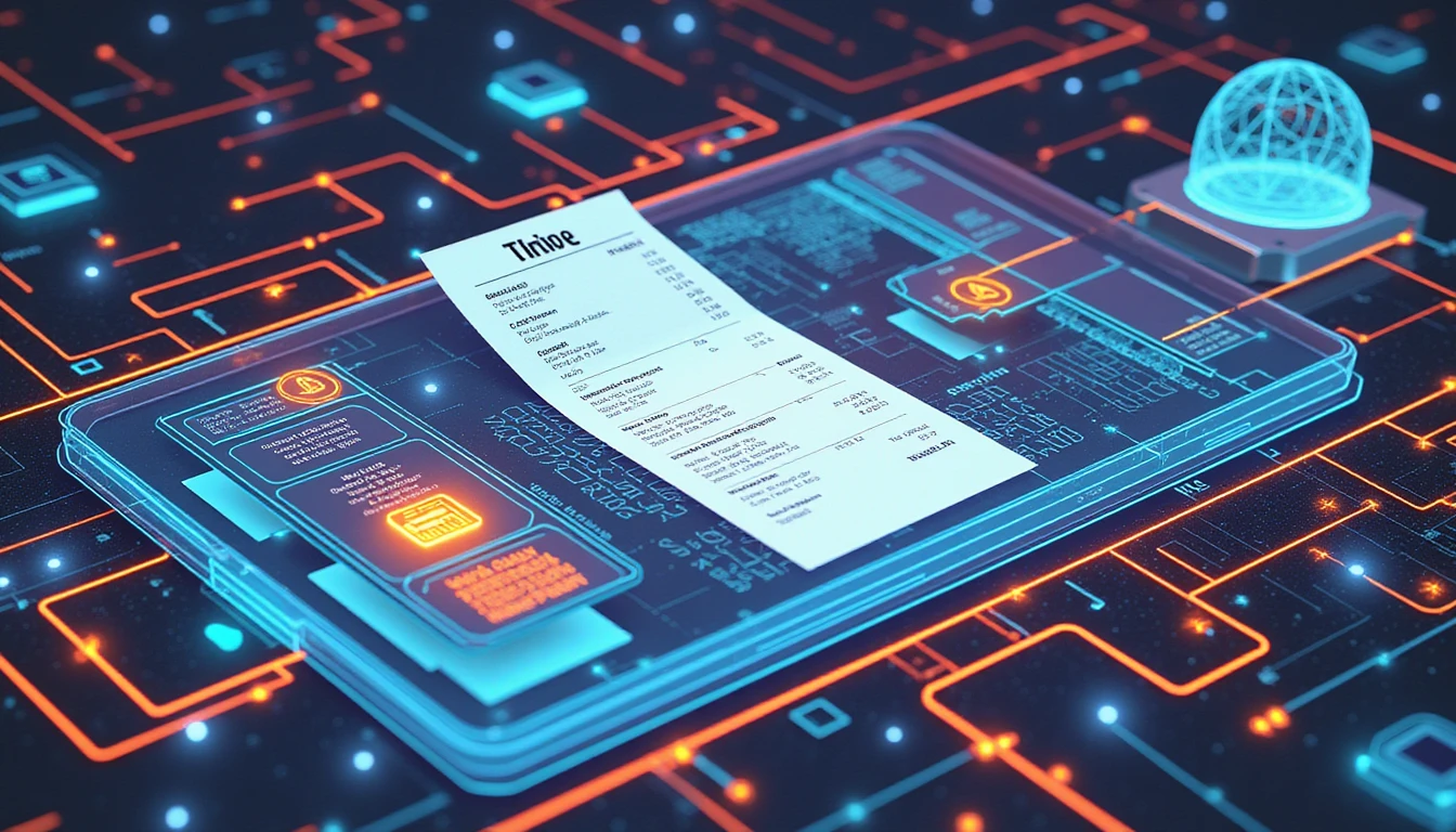 Futuristic AI fraud detection interface analyzing digital receipt with neon-glow data, AI nodes, and secure data vault.