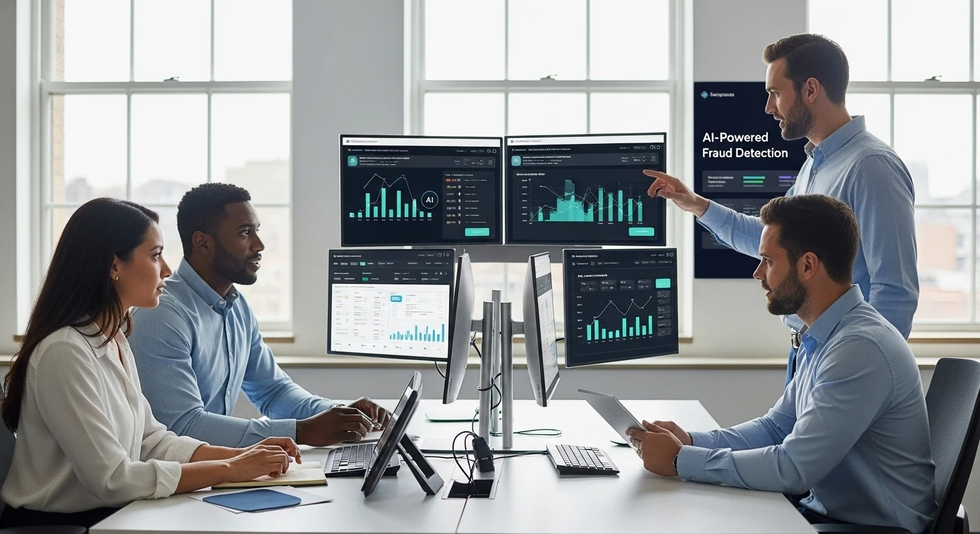 Modern workspace with digital screens displaying AI-driven graphs and analytics, illustrating expense management fraud detection with AI.
