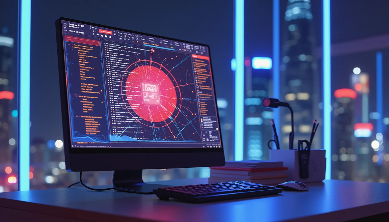 Futuristic digital workspace at night with neon lighting, AI interface detecting fake receipt amid glowing data and cityscape reflections