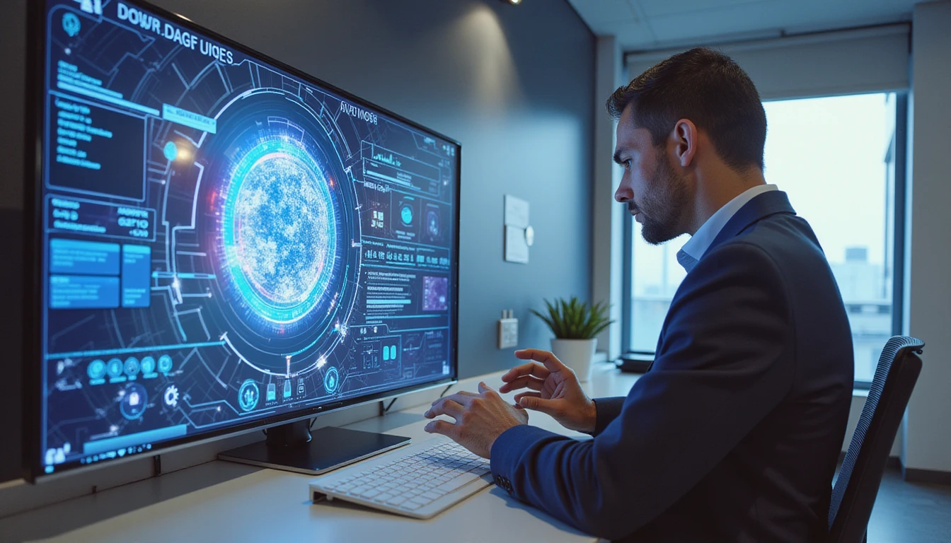 Schadenmanager überprüft digitale Bilder mit KI-Betrugserkennungshologrammen in einem modernen, technologieorientierten Versicherungsbüro