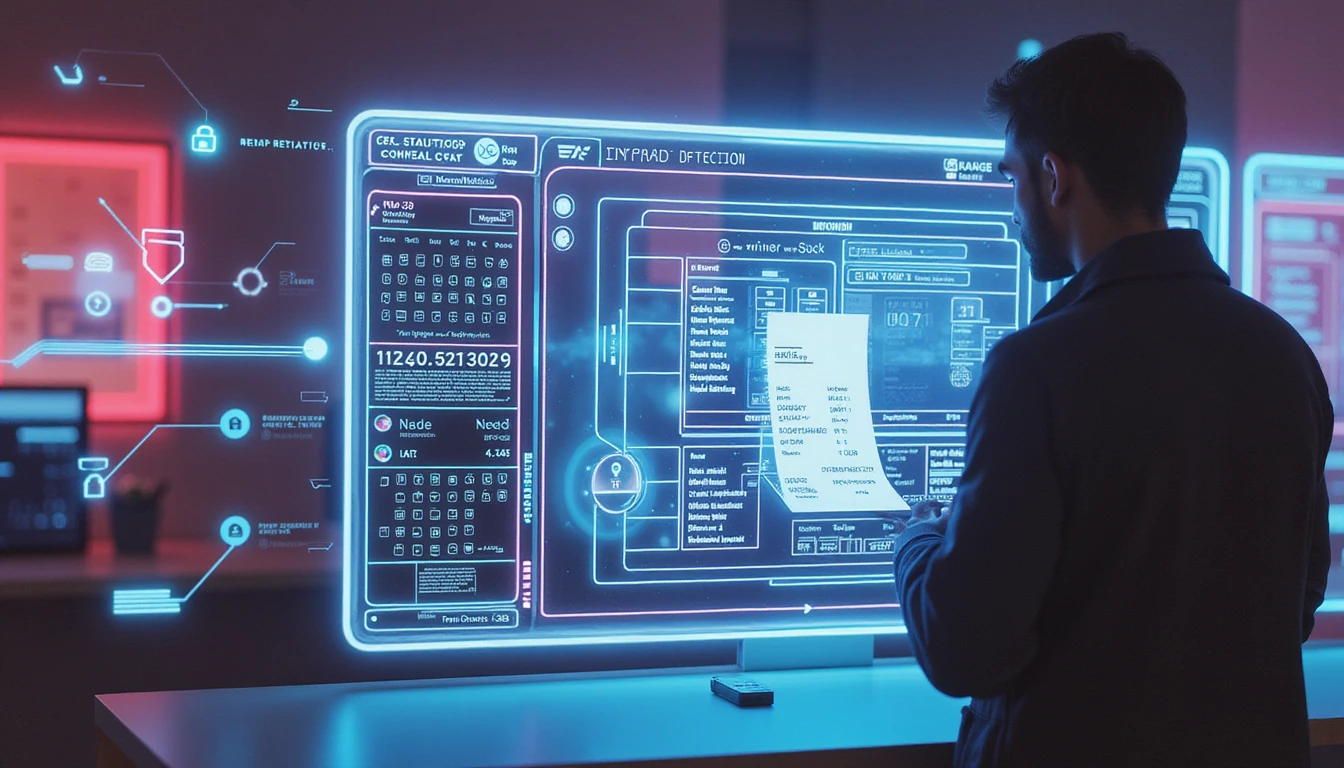 Futuristic office with neon-lit dashboard analyzing a digital receipt, symbolizing AI fraud detection and data privacy.
