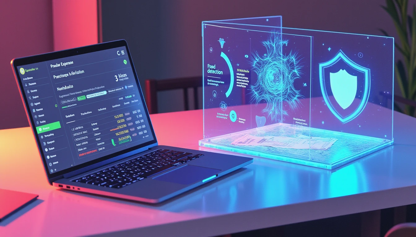 Futuristic office with neon-lit laptop showing expense dashboard, AI fraud detection hologram, and GDPR-compliant security icon