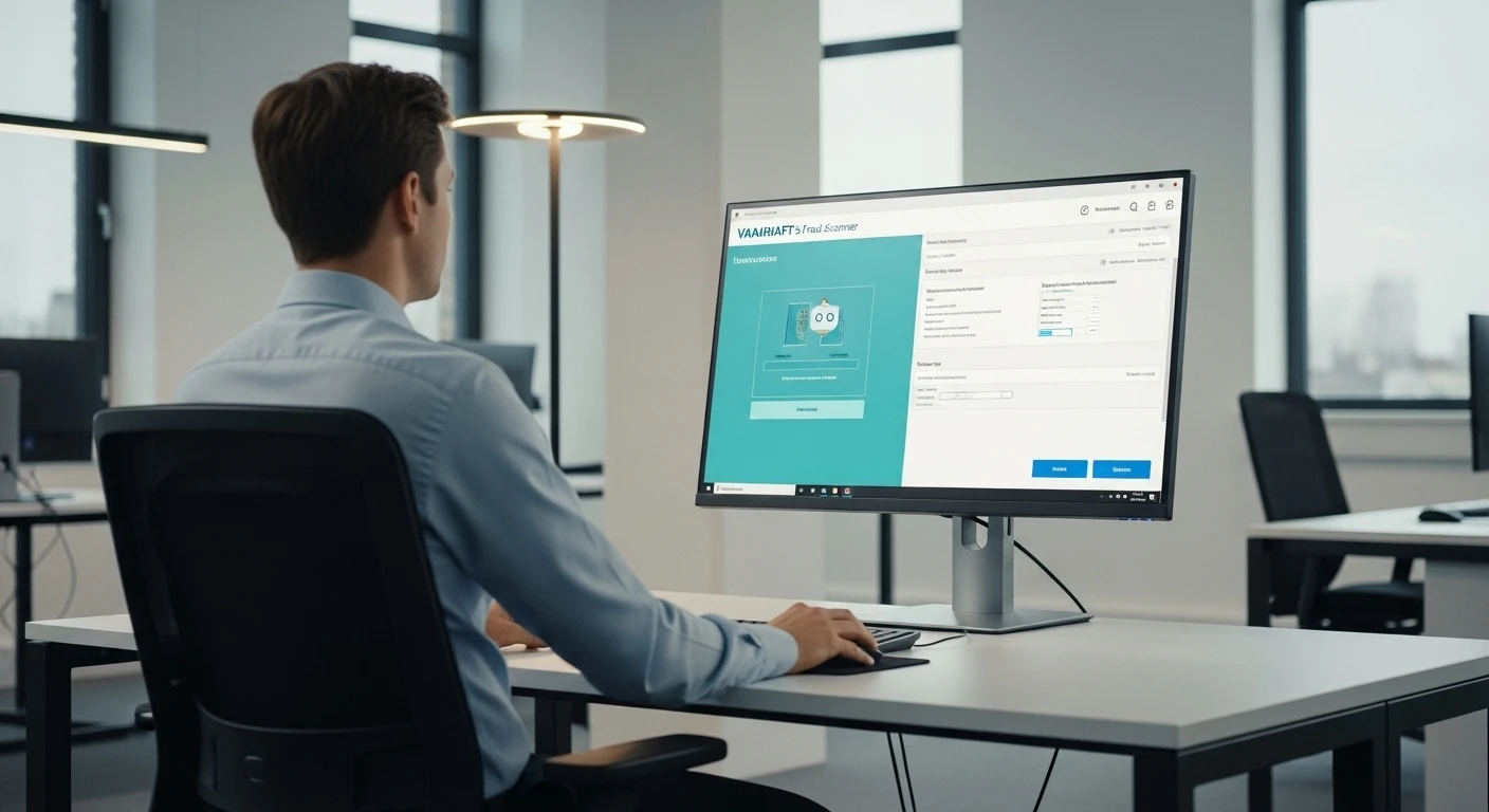 A modern insurance office setting, showcasing an AI system interface for enhanced security, emphasizing get AI tools for insurance security.