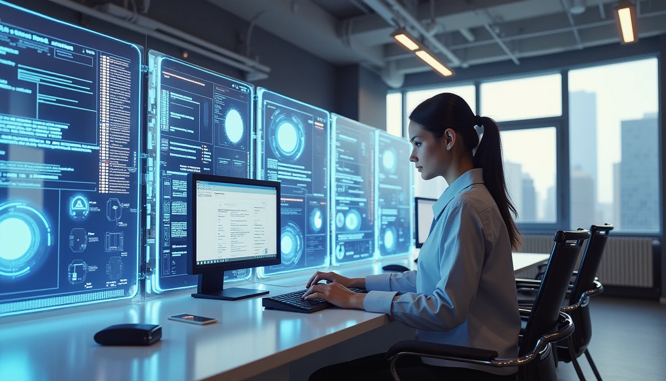 Confident analyst at futuristic workstation with holographic dashboard verifying certificates using AI and fraud detection tools
