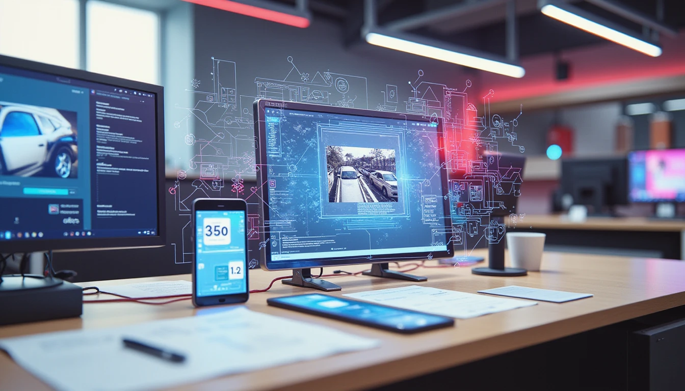 Futuristic insurance office with VAARHAFT’s Fraud Scanner analyzing digital claims using AI, metadata, and image analysis tools