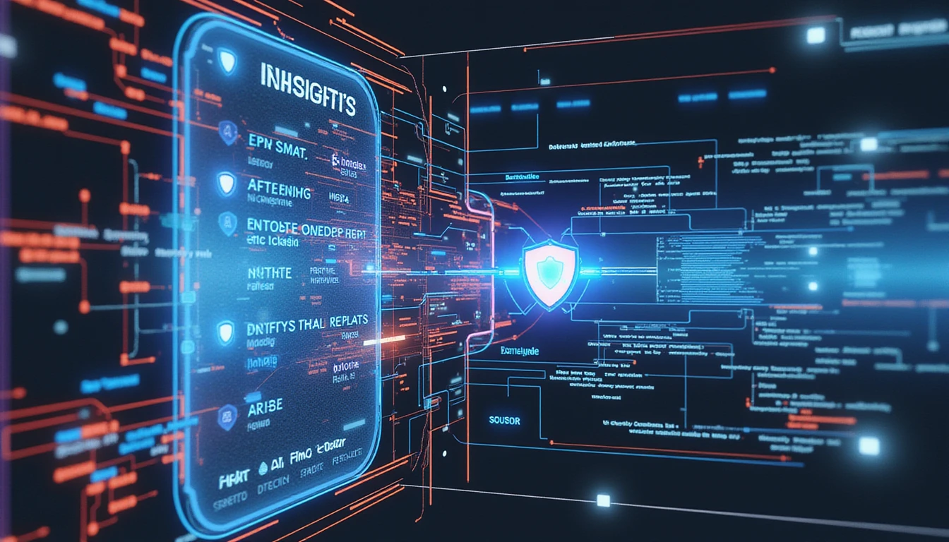 Futuristic AI interface detects insurance fraud by scanning image metadata, highlighting anomalies with neon data streams and shield icons