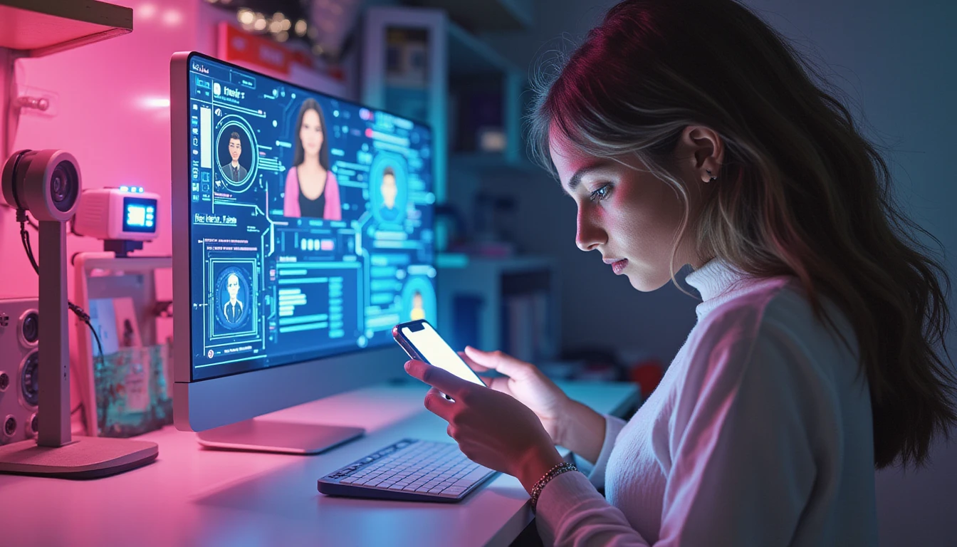 Person using dating app on smartphone, neon-lit, with AI scanning overlays, data streams, and security icons for fraud detection