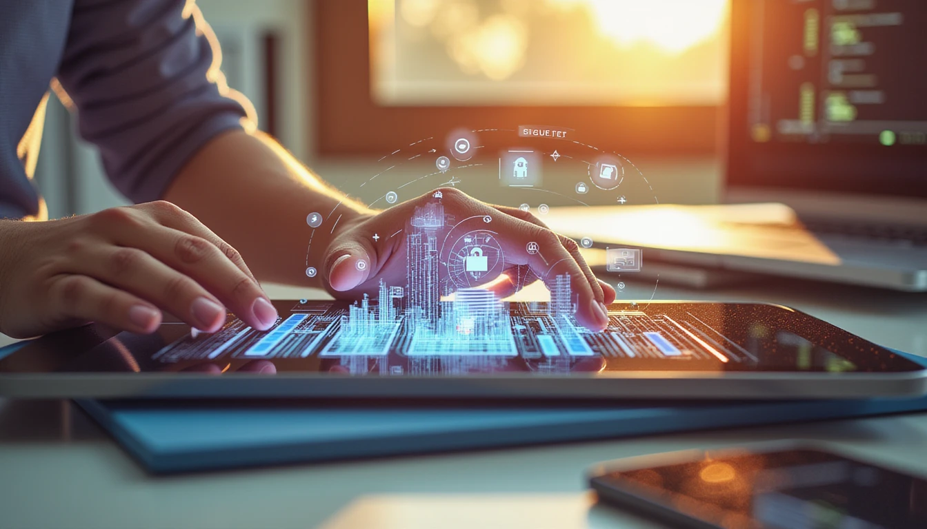 Insurance claims investigator analyzes fraud detection data on a tablet in a high-tech office with holographic AI-driven image verification.