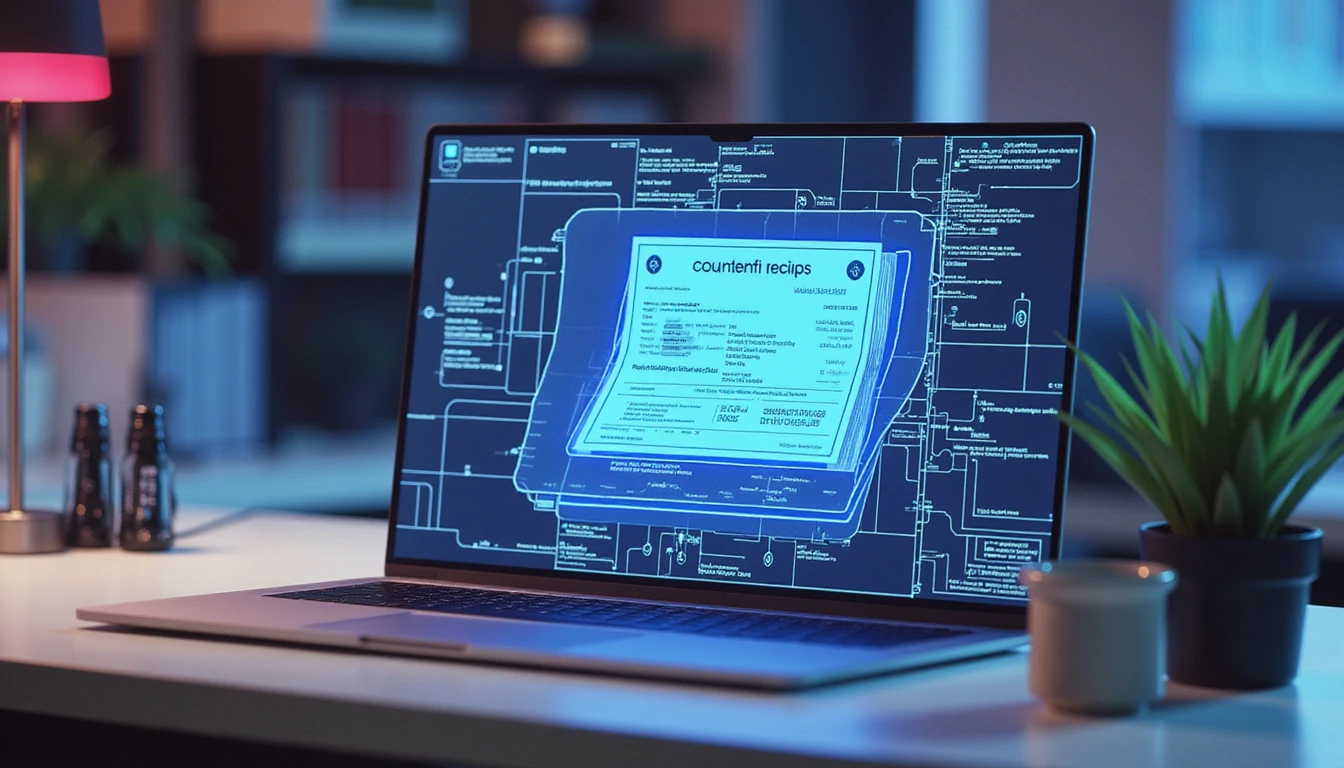Futuristic workspace with AI analytics screen visualizing fraud detection and receipt scanning in a secure digital environment