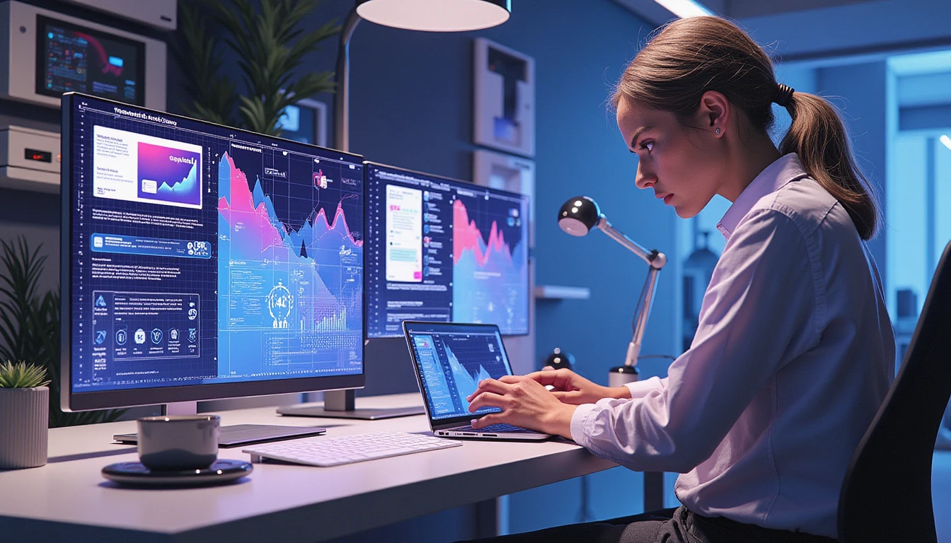 Business professional in high-tech office analyzing AI-powered virtual interface for online receipt fraud detection systems