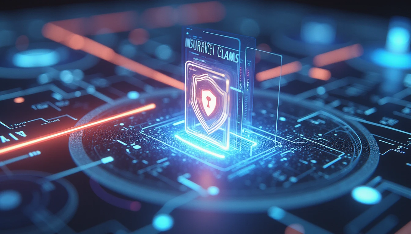 Macro view of digital insurance claim scanned by AI fraud system with holographic data, shield icon, and risk analytics overlay