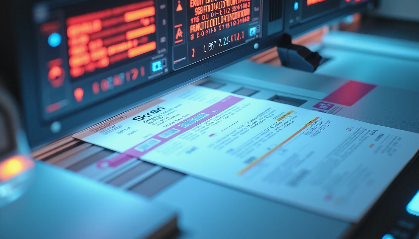 Macro view of financial documents scanned by AI fraud detection with neon overlays highlighting anomalies and real-time verification