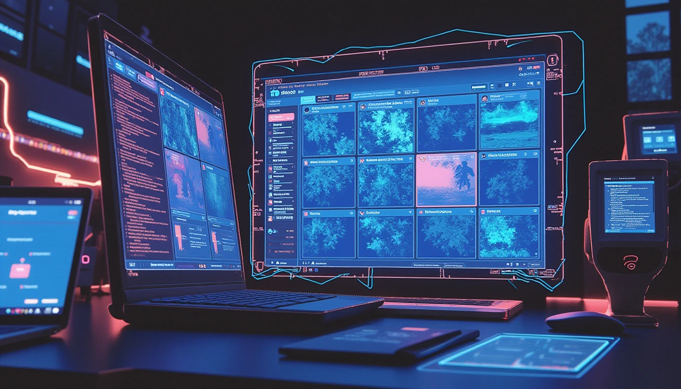Futuristic AI system analyzing manipulated insurance images with neural networks, glowing grids, and metadata overlays