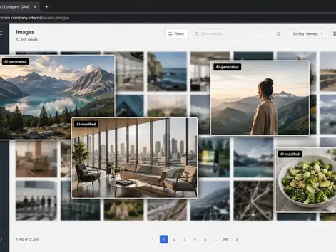 Screenshot-ähnliche Darstellung eines DAM-/CMS-Systems im Browser: In einer Media-Library sind viele Bild-Thumbnails in einer leicht verschwommenen Galerieansicht zu sehen. Mehrere Bilder sind vergrößert im Vordergrund eingeblendet und mit gut sichtbaren Labels wie ‚AI-generated‘ und ‚AI-modified‘ in schwarzen oder weißen Tags versehen. Links befindet sich eine dunkle Navigationsleiste, oben eine Such- und Filterleiste.