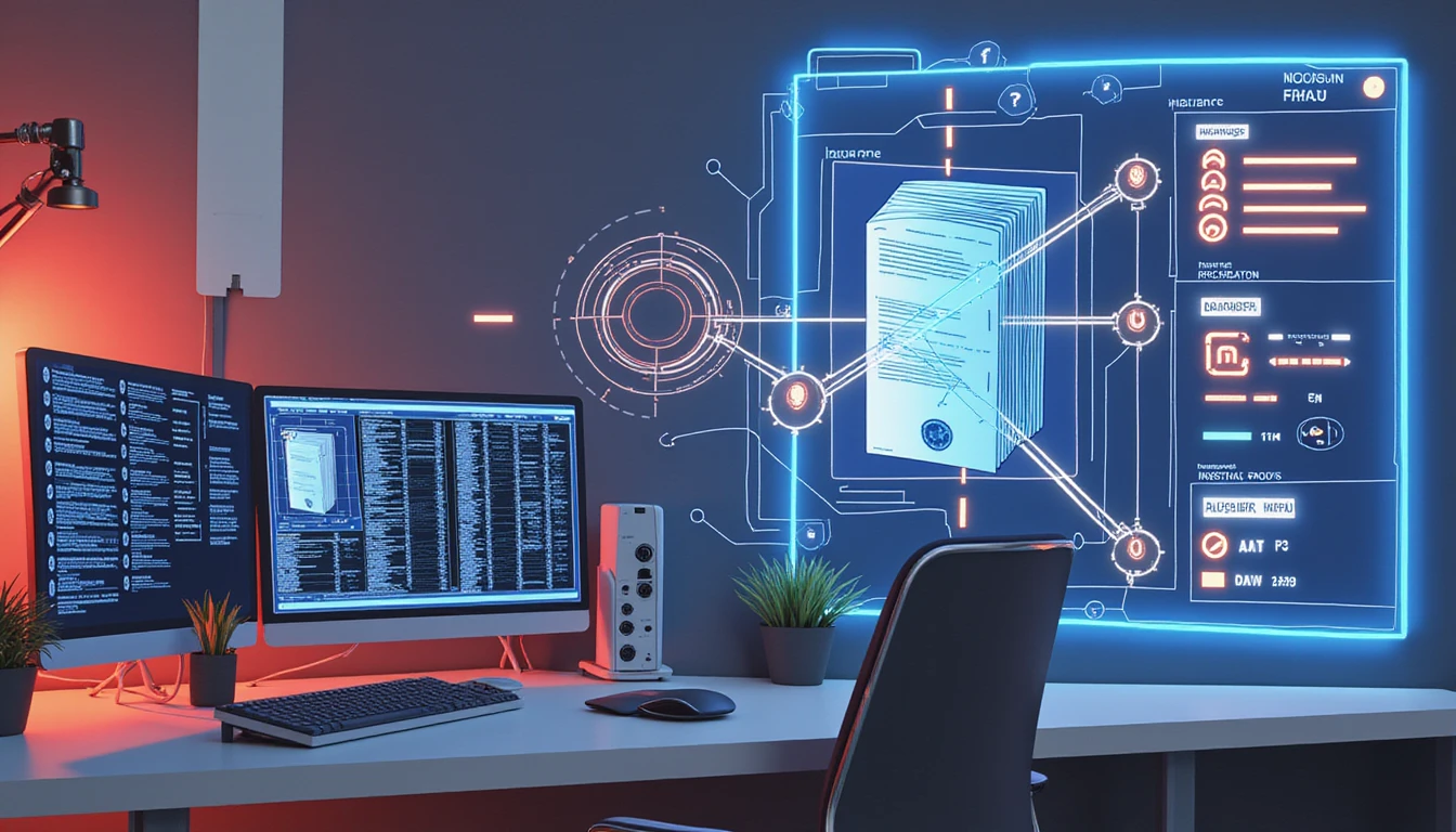 AI-driven fraud detection system analyzing insurance documents in a futuristic office with neon-glow data visuals and facial recognition.