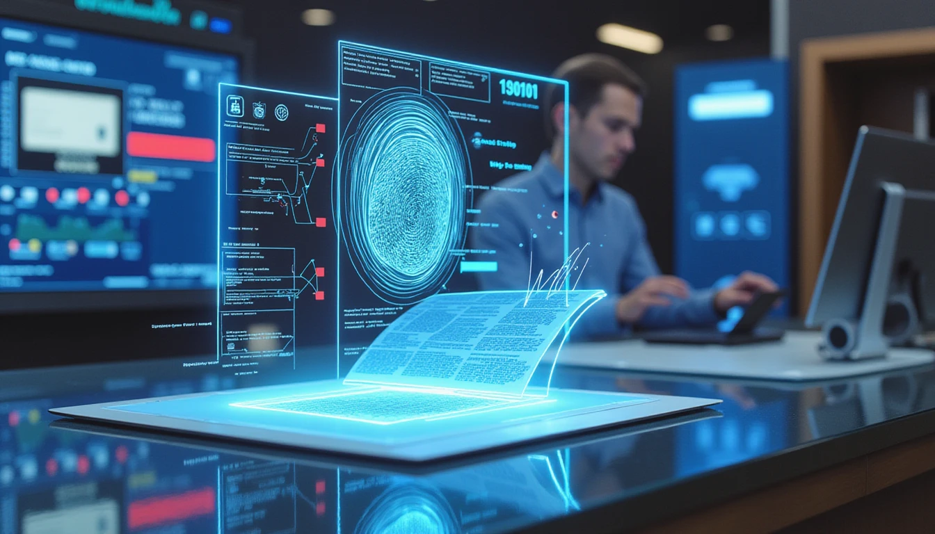 Futuristic insurance office with AI scanning a digital document, showcasing fraud detection and cyber-secure technology.