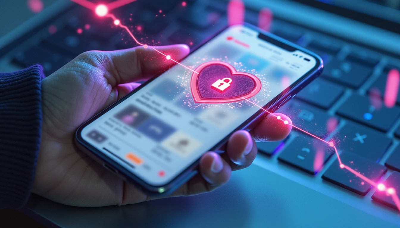 Close-up of a hand holding a smartphone with a blurred dating app, overlaid by a neon-glowing AI security shield and data nodes.