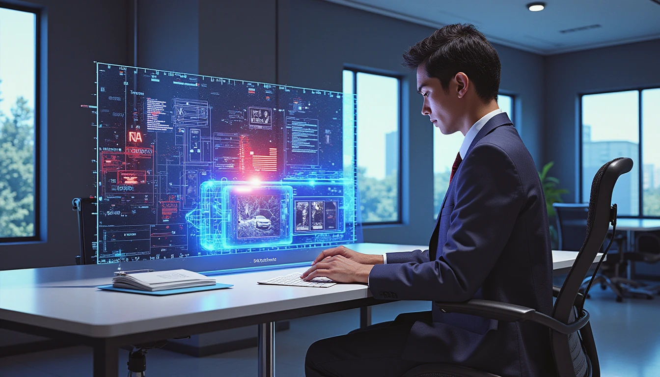 Business professional reviews digital insurance claims on futuristic interface with AI-powered deepfake detection hologram overlay