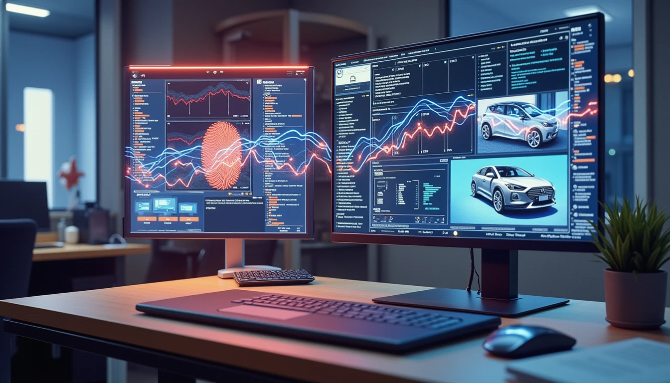 Futuristisches Kontrollzentrum für Versicherungen mit KI, die doppelte Schadensbilder analysiert und Datenströme zur Betrugserkennung hervorhebt.